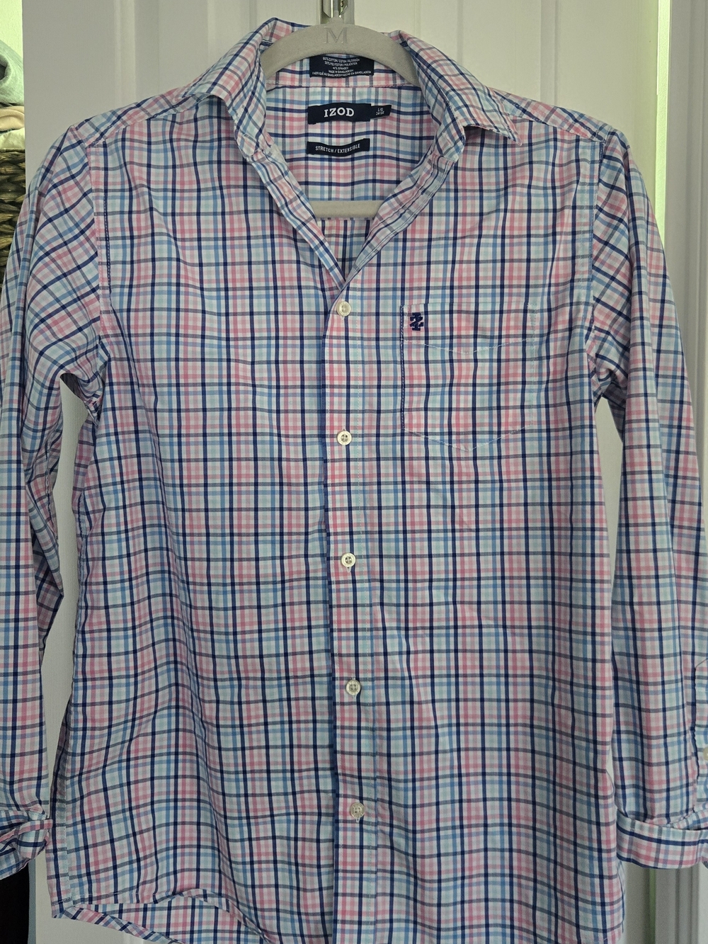 Izod Pink Blue Plaid Long Sleeve Button-Down Shirt